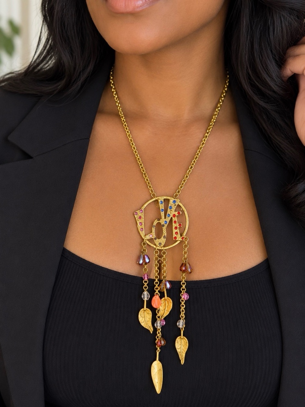 Vintage Gold Tone LOVE Pendant Necklace with Crystal Dangles | Statement Jewelry